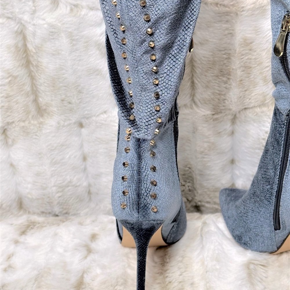 * So Me Blue Studded Thigh High Pointy Toe High Heel Boots - Picture 5 of 11